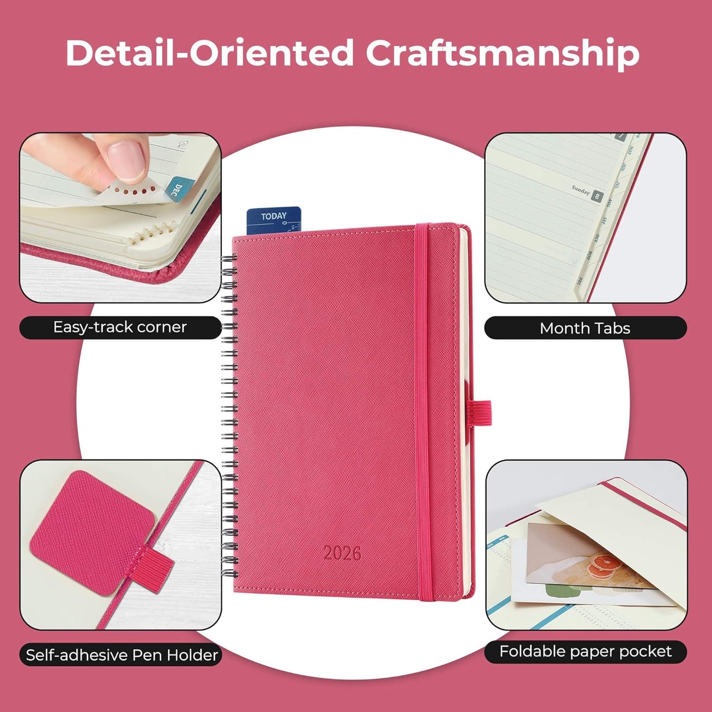 Planner 2026 Daily Weekly and Monthly,8.5"x6.5",12 Months Spiral Bound Calendar Agenda with Self-adhesive Pen Holder,2026 Appointment Book with Vegan Leather Soft Cover,Rose Red