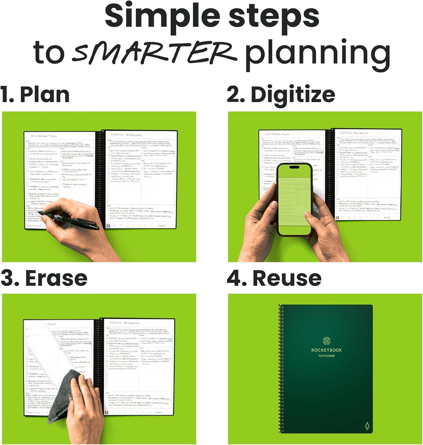 Rocketbook Flex Planner, Reusable Undated Smart, Letter Size 8.5x11 in Green – Daily, Weekly, Monthly, Annual Calendar, Tasks, Goals, Scheduling, Productivity, App Connected, Erasable, Durable Cover