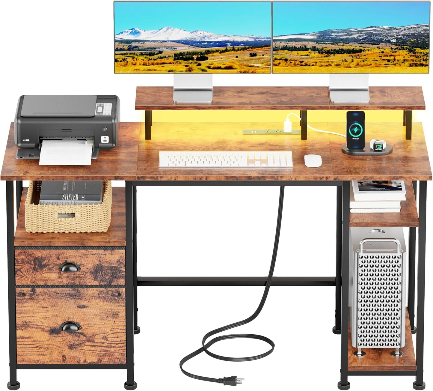 Furologee 51" Computer Desk with Power Outlet and LED Lights, Reversible Home Office Desk with File Cabinet & Monitor Stand, Large Gaming Table with Storage Shelves & Drawer, Rustic Brown