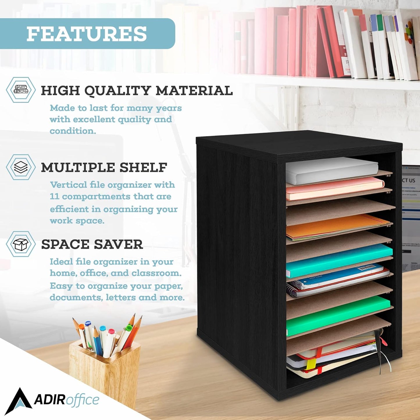 AdirOffice Classroom Mailbox - 11 Compartment Wooden Mail Organizer, Construction Paper Storage, Vertical Desktop Sorter with Slots, Mailboxes With Removable Shelves (11 Slot, Black)