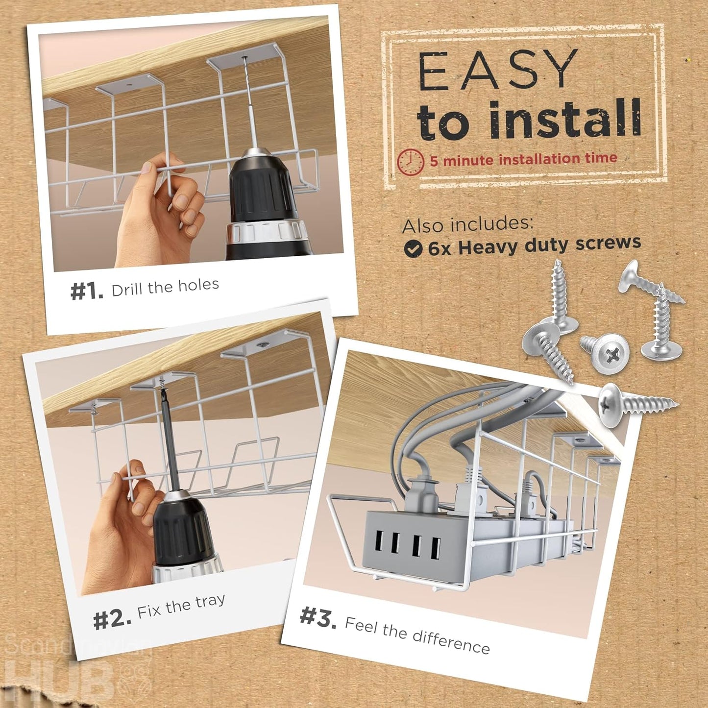 Compact Under Desk Cable Tray Organizer – Wire Management Set, White (2-Pack, 12")