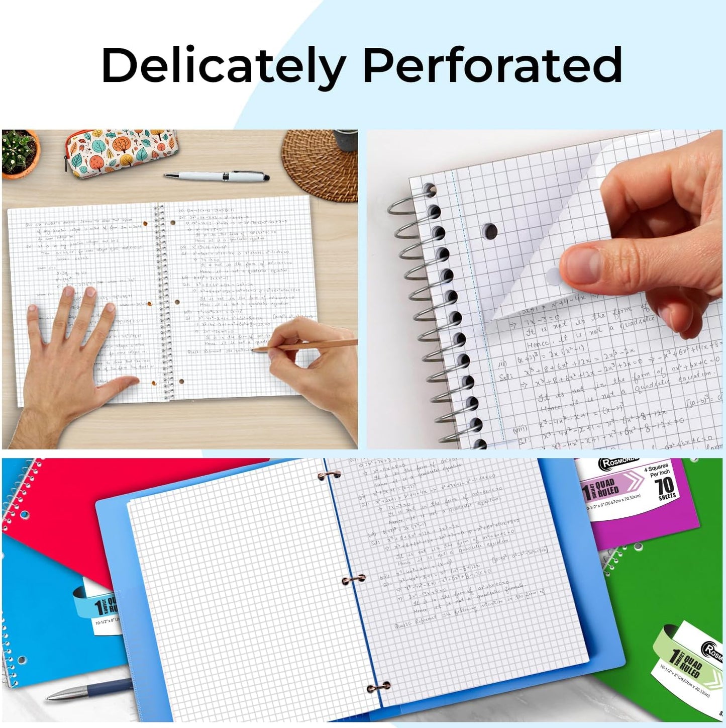 1 Subject Graph Paper Spiral Notebook, 12 Pack, 70 Sheets (140 Pages), 8 x 10-1/2" Bulk 4x4 Spiral Bound Grid Notebooks, 3 Hole Punched Single Subject Quad Ruled Spiral Notebooks for School