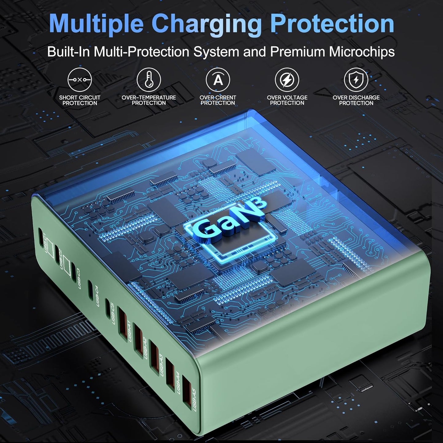 420W USB C Charger Block,10-Port Charging Station GaN Fast Charging Type C & USB A Wall Charger Adapter for MacBook Pro/Air,iPhone,iPad,Dell XPS,Samsung Galaxy(Green)
