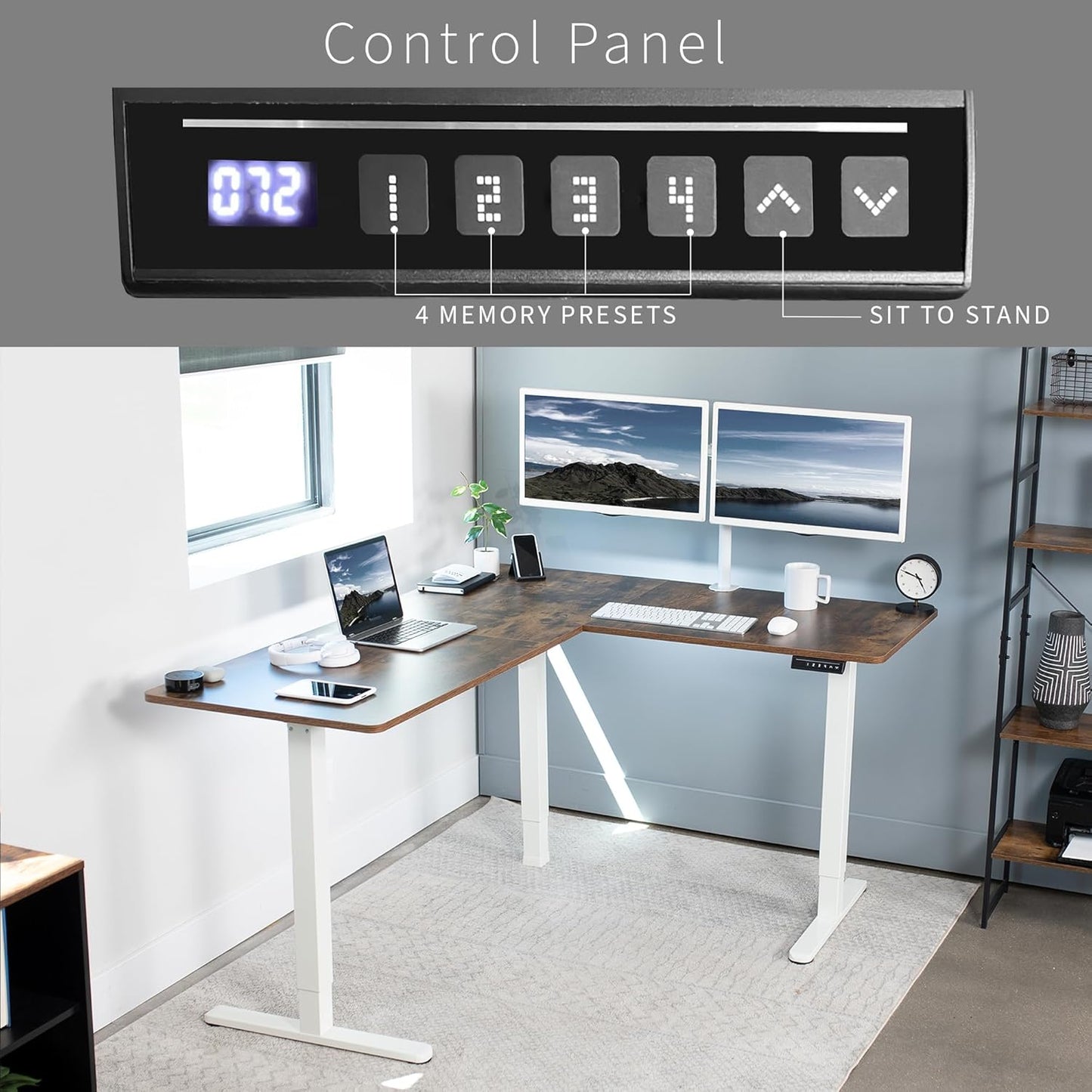 VIVO Electric Corner L-Shaped 63 x 55 in Rustic Standing Desk, Memory Height Adjustment, Vintage Brown Top White Frame, DESK-E3CTWN