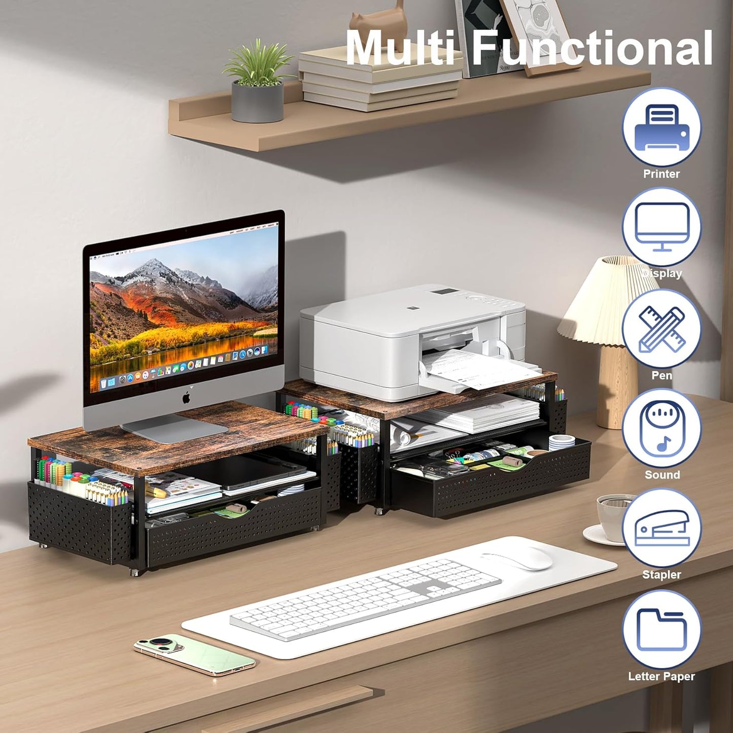 Desk Organizer and Accessories, Computer Monitor Stand Riser with Drawer and 2 Pen Holders, Office Desk Accessories & Workspace Organizers for Office Supplies (Wood)