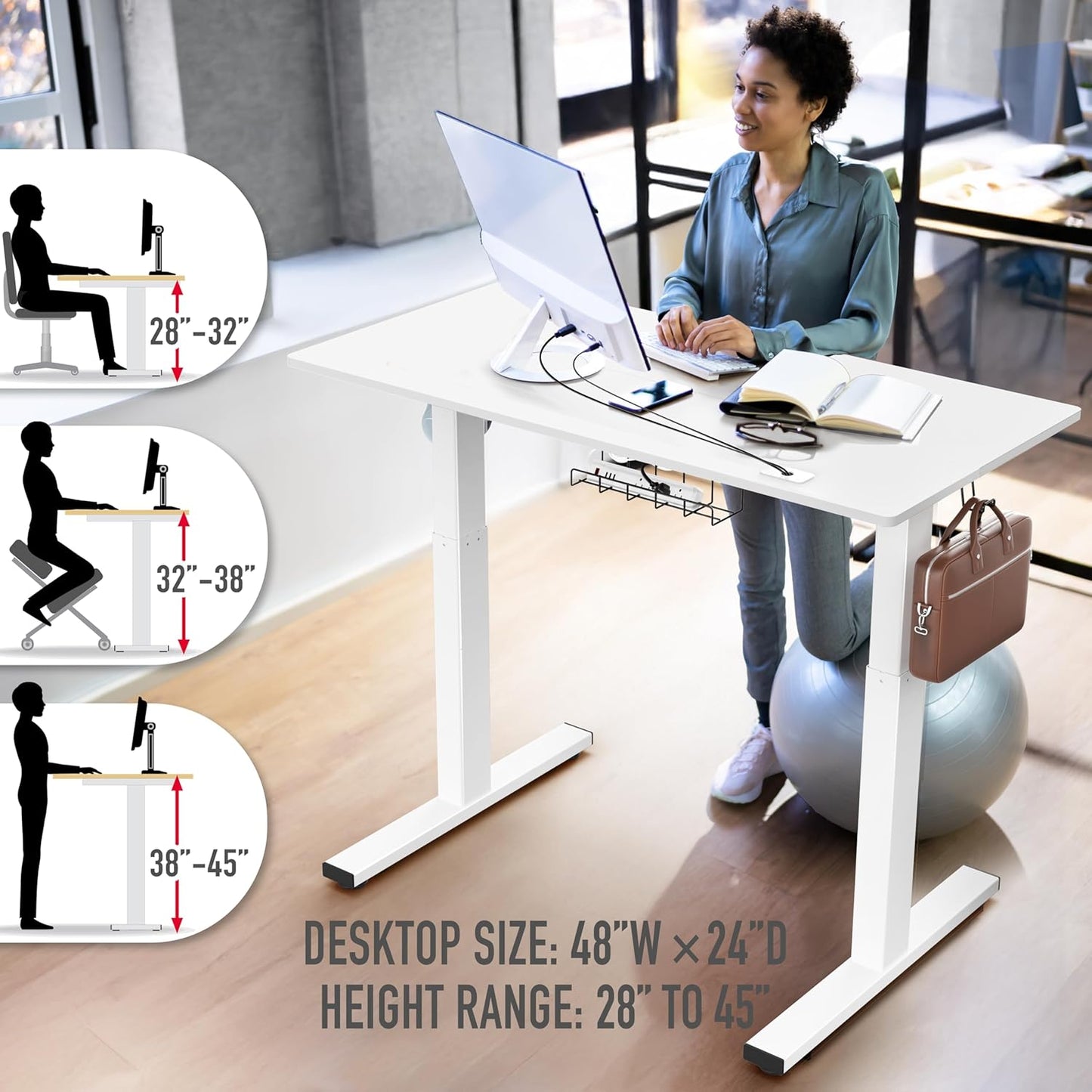 SHW 48-Inch Electric Height Adjustable Standing Desk with Drawer, Memory Preset and Cable Management Tray, White
