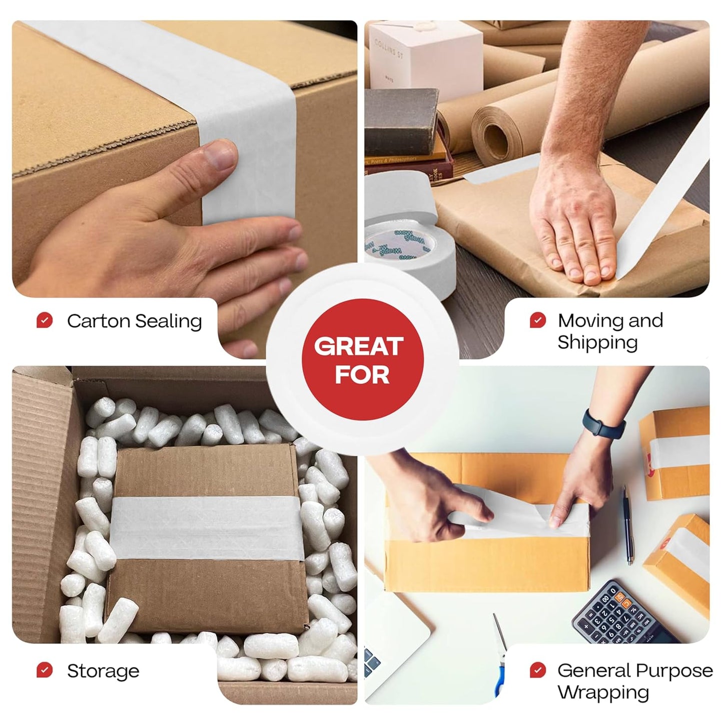 IDL Packaging 2.83" x 450 feet Reinforced Water-Activated Kraft Gummed Tape 30lb Thickness (Pack of 8) - Secure Paper Packing Tape for Secure Carton Sealing - Heavy-Duty for All Conditions, White