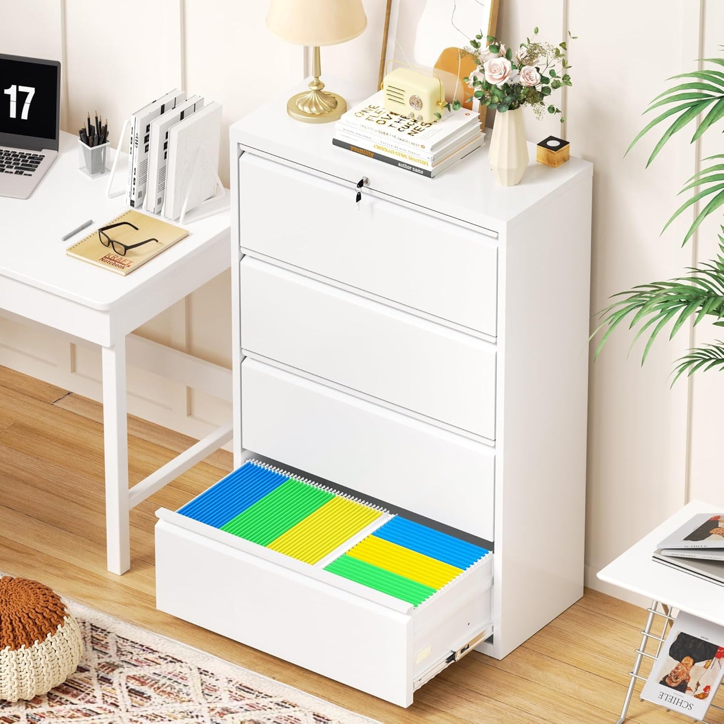 Incbruce 28" W 4 Drawer Lateral File Cabinet, Metal 4 Drawer Lateral Filing Cabinet with Lock, Steel Wide Filing Organization Storage Cabinet for Home, Office, Fit A4/F4/Letter/Legal File (White)