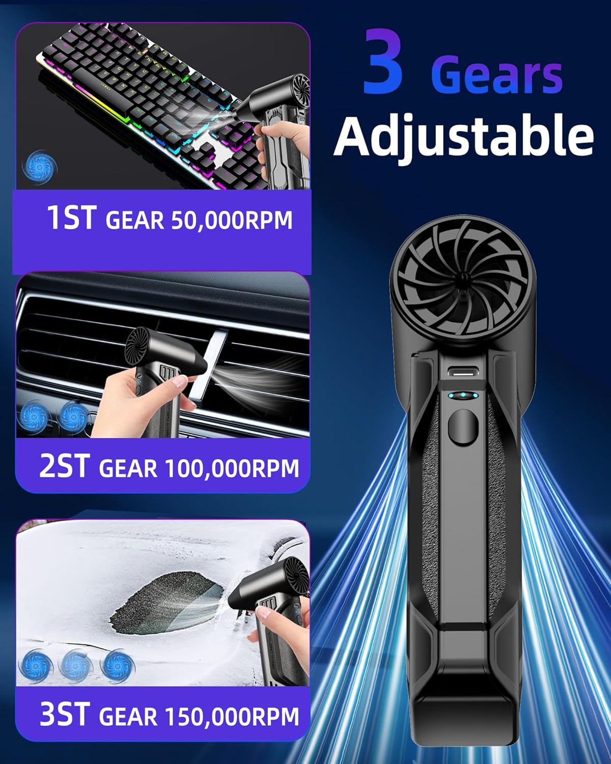 Electric Compressed Air Duster Rechargeable, 180,000RPM Cordless Computer Air Blower Duster for Pc & Electronics, 3-Gear Mini Air Blower Jet Turbo Fan for Car, Home, Office, Keyboard, Outdoor