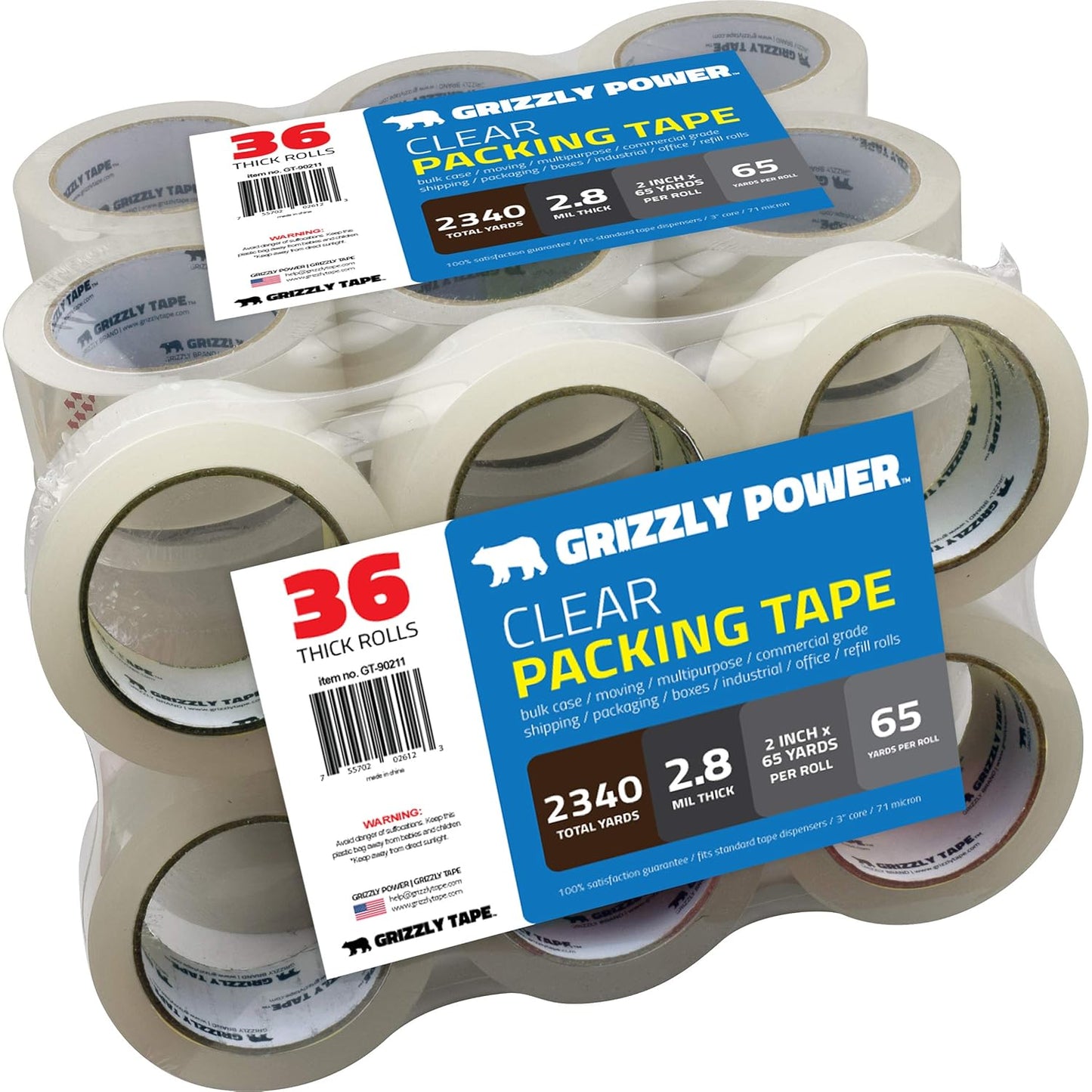 Grizzly Power Clear Packing Tape Refill Rolls for Shipping, Moving, Packaging - True 2 Inch x 65 Yards, 3 Inch Core, 2.8mil Thick, 36 Rolls Bulk Case