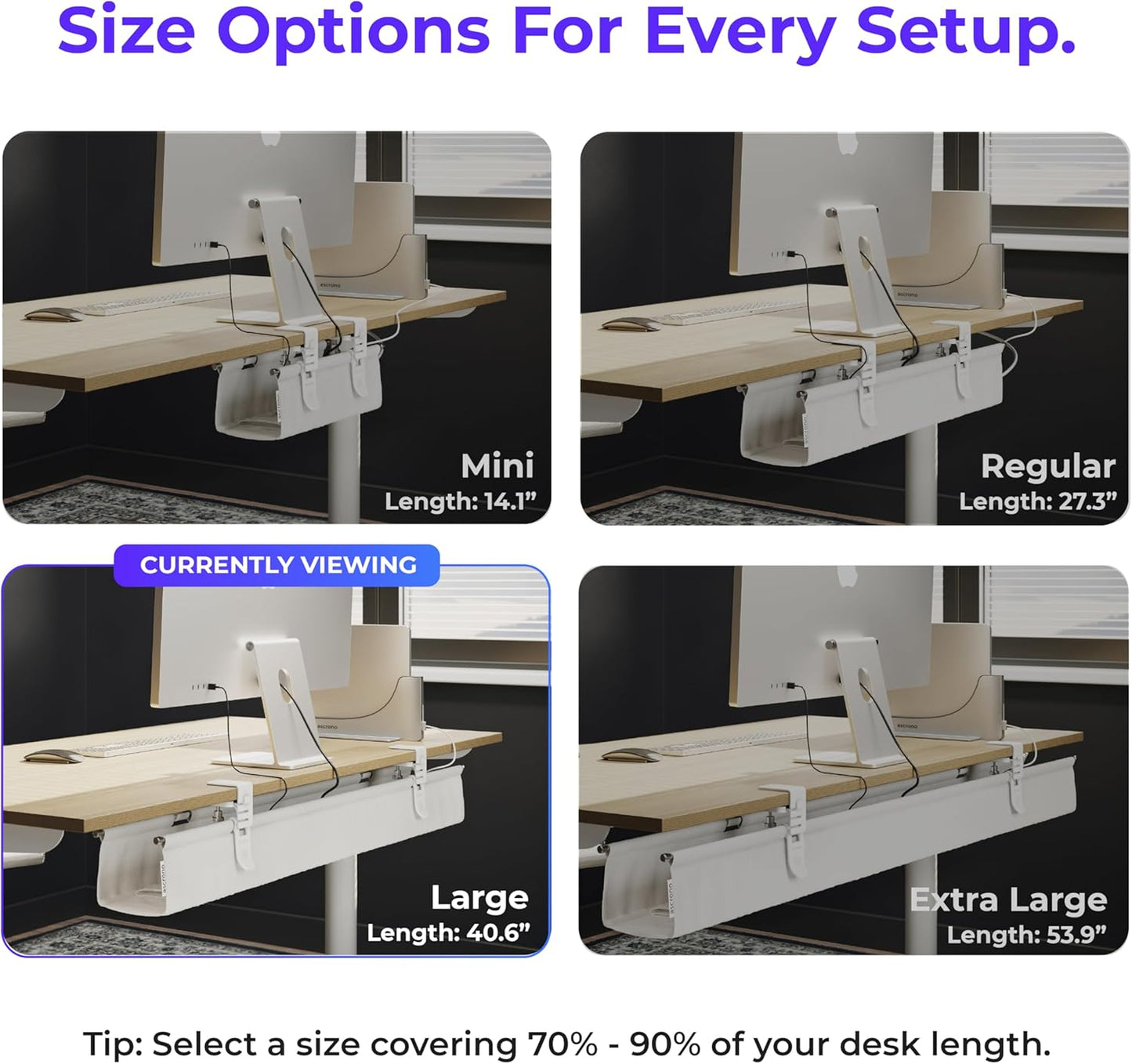 Original No Drill Under Desk Cable Management Tray 40.6" - Premium White Fabric Cable Management Under Desk - Clamp/Screw Mount Cord Organizer - Supports Upto 66lbs - Large