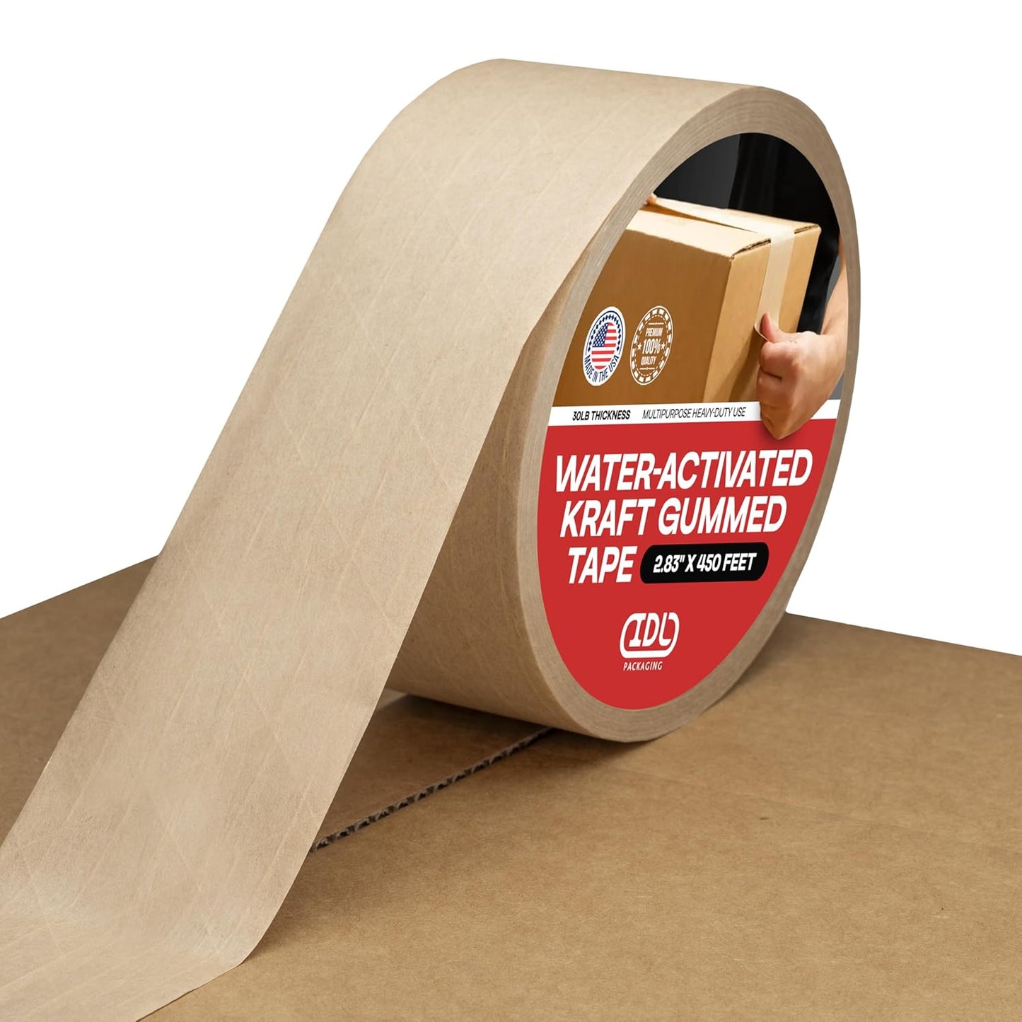 IDL Packaging 2.83" x 450 feet Reinforced Water-Activated Kraft Gummed Tape 30lb Thickness - Secure Paper Packing Tape for Secure Carton Sealing - Heavy-Duty Adhesive for All Conditions, Brown
