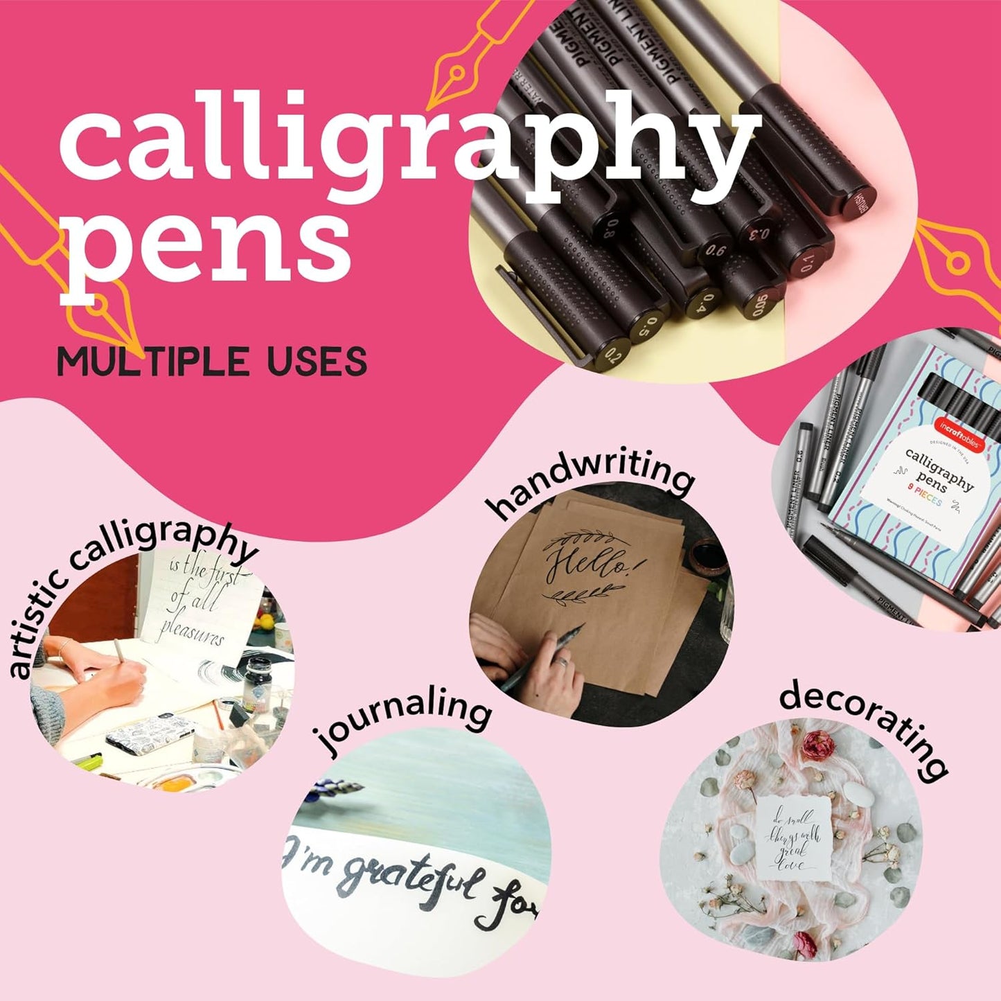 Incraftables Calligraphy Brush Pens – Pack of 9 Assorted Tips – Black Chisel Tip Markers for Hand Lettering, Writing, Sketching, Scrapbooking, & Art Projects – Beginner Kit for Kids & Adults