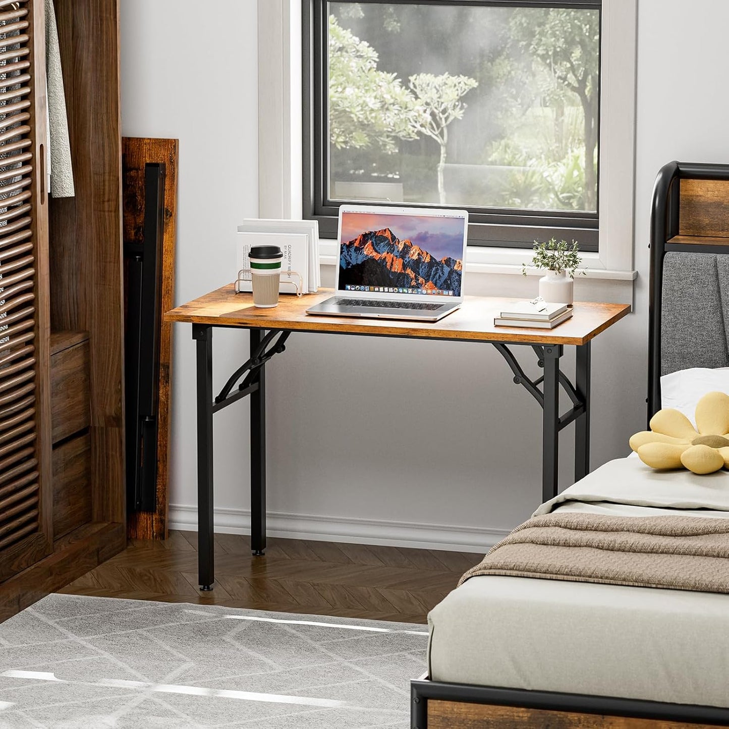 TEMI Small Computer Desk Folding Table - 43.3" Foldable Office Desk, No Assembly, Perfect for Small Spaces in Bedroom, Dorm, or Apartment, Portable Mini Desk or Study Table with Compact Design, Brown