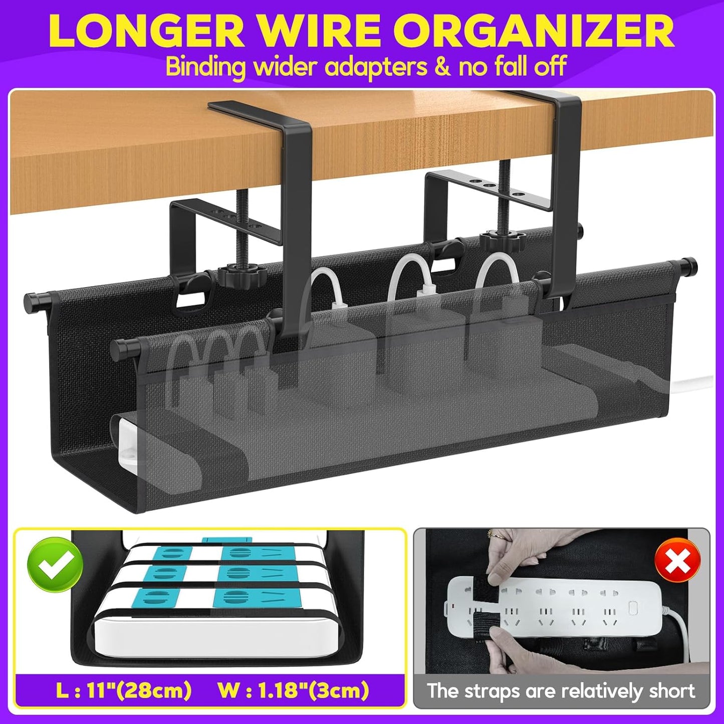 Under Desk Cable Management Tray, REFLYING 14.6" Cable Management Under Desk No Drill,Adjustable Clamp Cord Wire Organizer, Cord Hider for Standing Table, Wire Hider for Office,Home (Small)