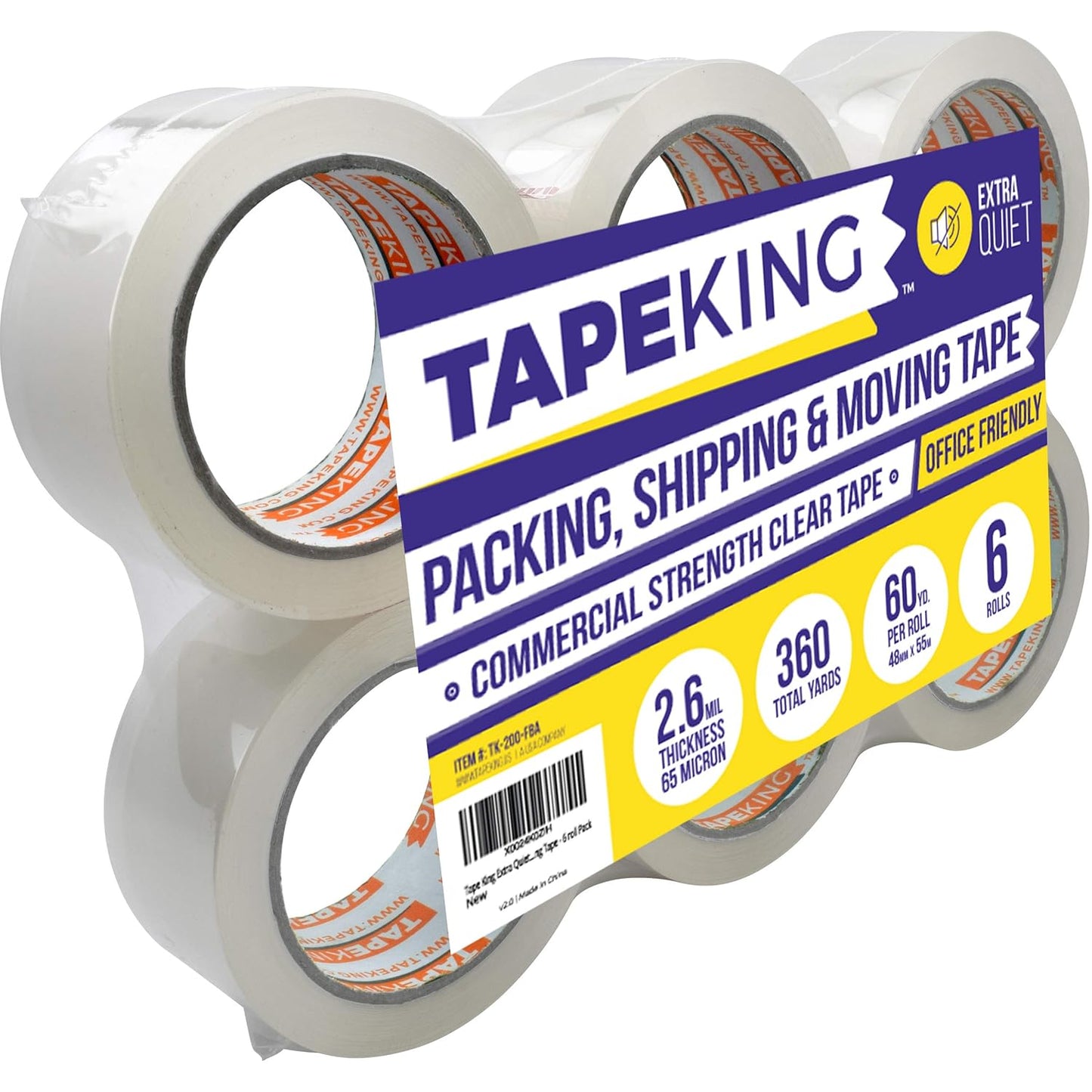 Tape King Quiet Packing Tape - Pack of 6, Clear, Heavy-Duty, Packaging, Boxing and Shipping Tape for Moving and Storage