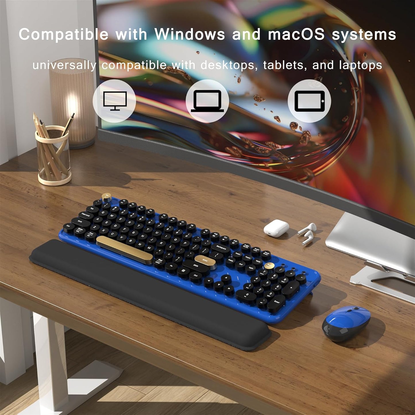 Colorful Wireless Computer Keyboard and Mouse Combo with Round Typewriter Keycaps, Retro Design, Power Switch, Ergonomic Design, 2.4GHz Wireless for Windows, Mac, PC(Black-Blue)