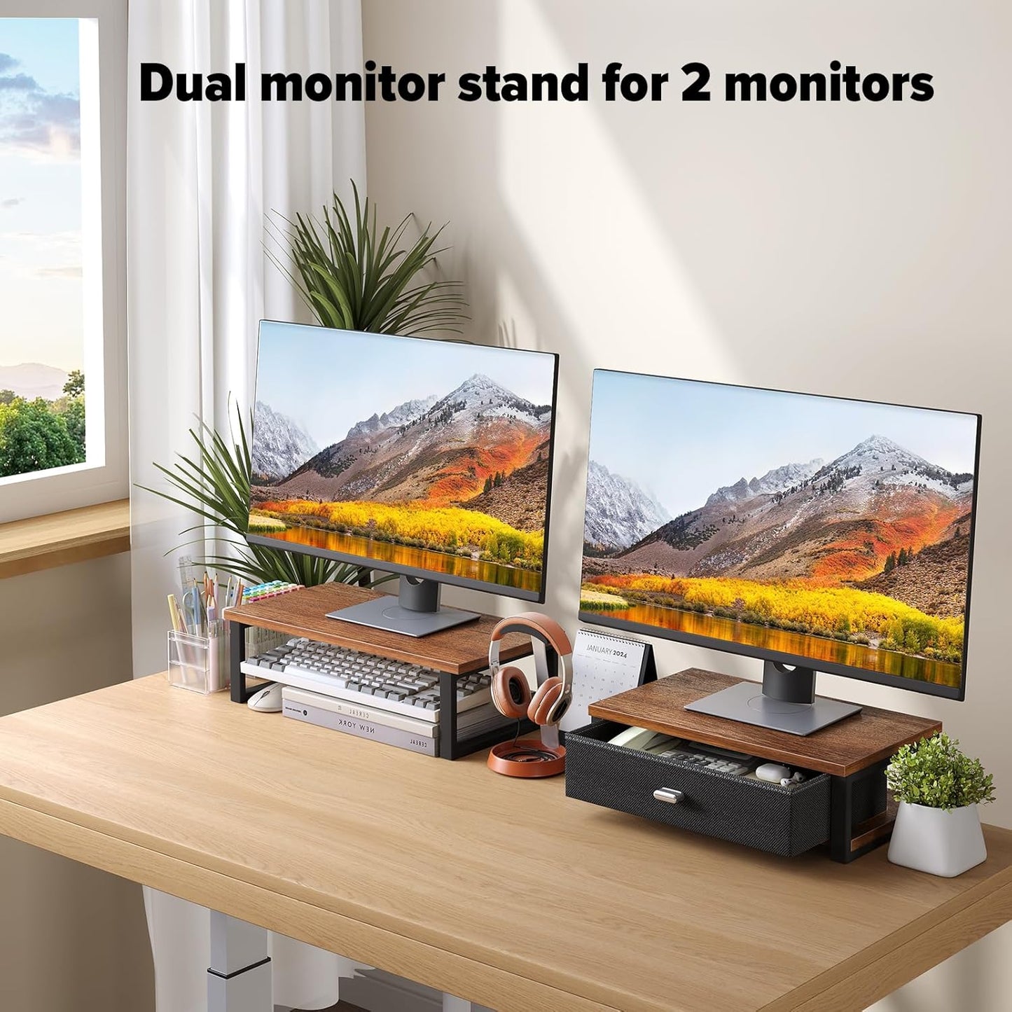 WOHOMO Dual Monitor Stand Riser with Drawers, Desk Organizers for 2 Monitors, Desktop Storage Stand for Computer,Laptop,Walnut
