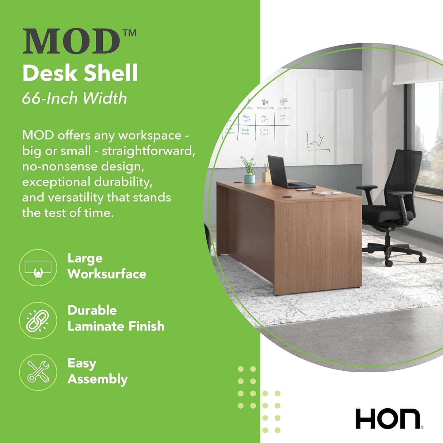 HON MOD Executive Desk 66-Inch Large Computer Desk Shell, Thick Wooden Laminate, Modern Table with Cord Management, 66" W x 30" D x 29" H, Walnut