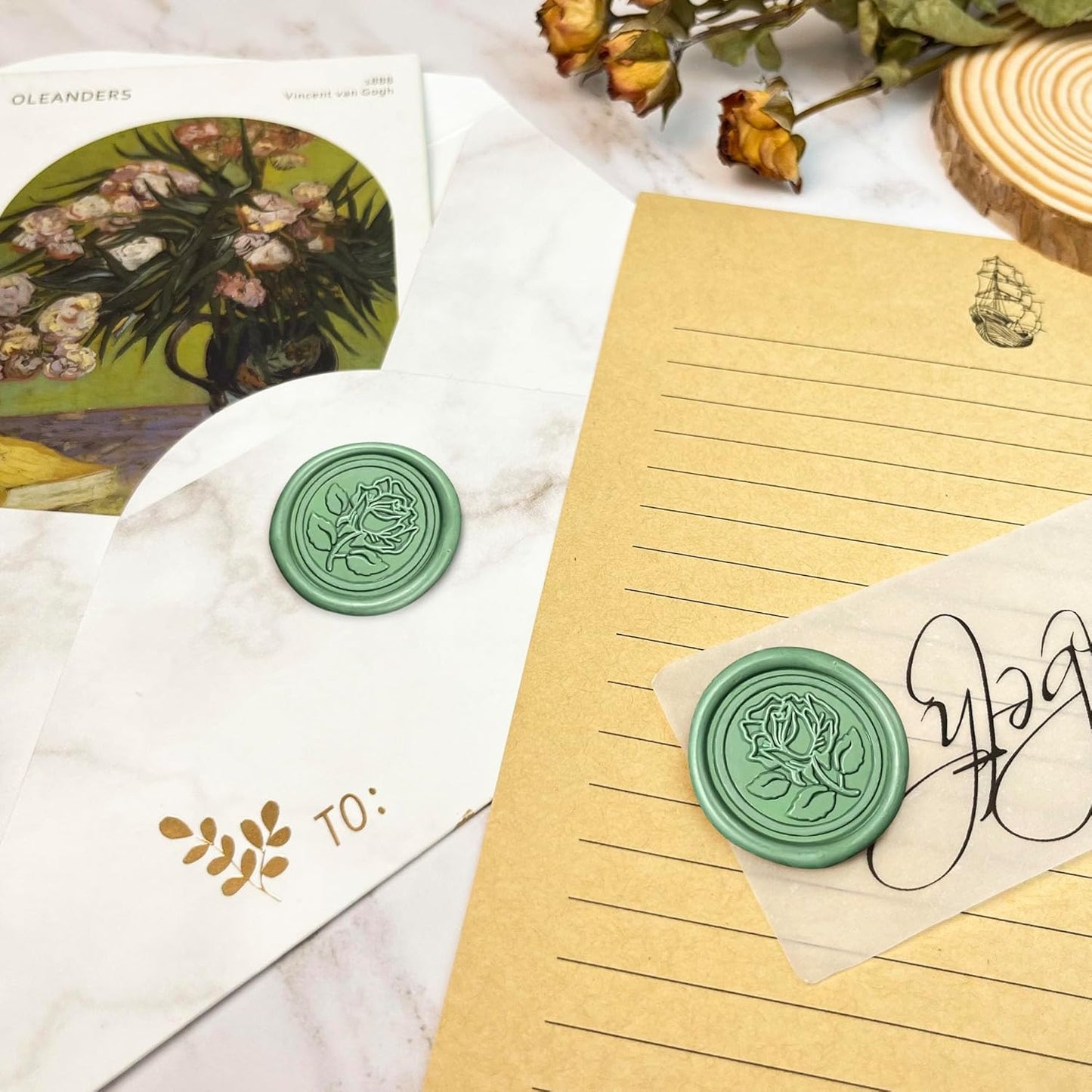 100Pcs Wax Seal Stickers Handmade Envelope Seals Self Adhesive Wax Stickers for Wedding Party Invitations, Envelope, Gift Wrap, Christmas(Rose Style, Olive Green)