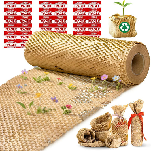 Honeycomb Packing Paper, 12"x100' Brown | Perforated Honeycomb Packing Paper Recyclable Moving Supplies for Shipping & Moving | Plastic-Free Alternative to Bubble Cushion Wrap with 36 Fragile Stickers