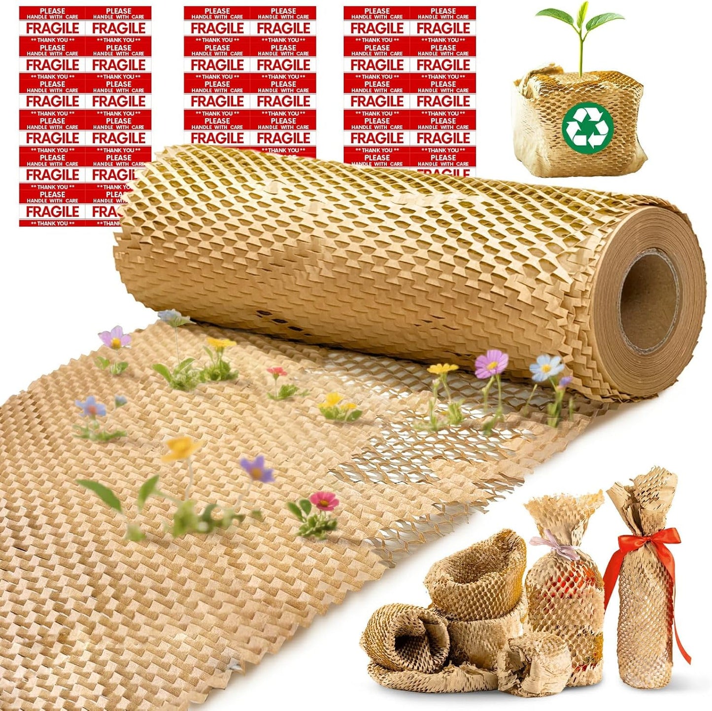 Honeycomb Packing Paper, 12"x400' Brown | Perforated Honeycomb Packing Paper Recyclable Moving Supplies for Shipping & Moving | Plastic-Free Alternative to Bubble Cushion Wrap with 36 Fragile Stickers