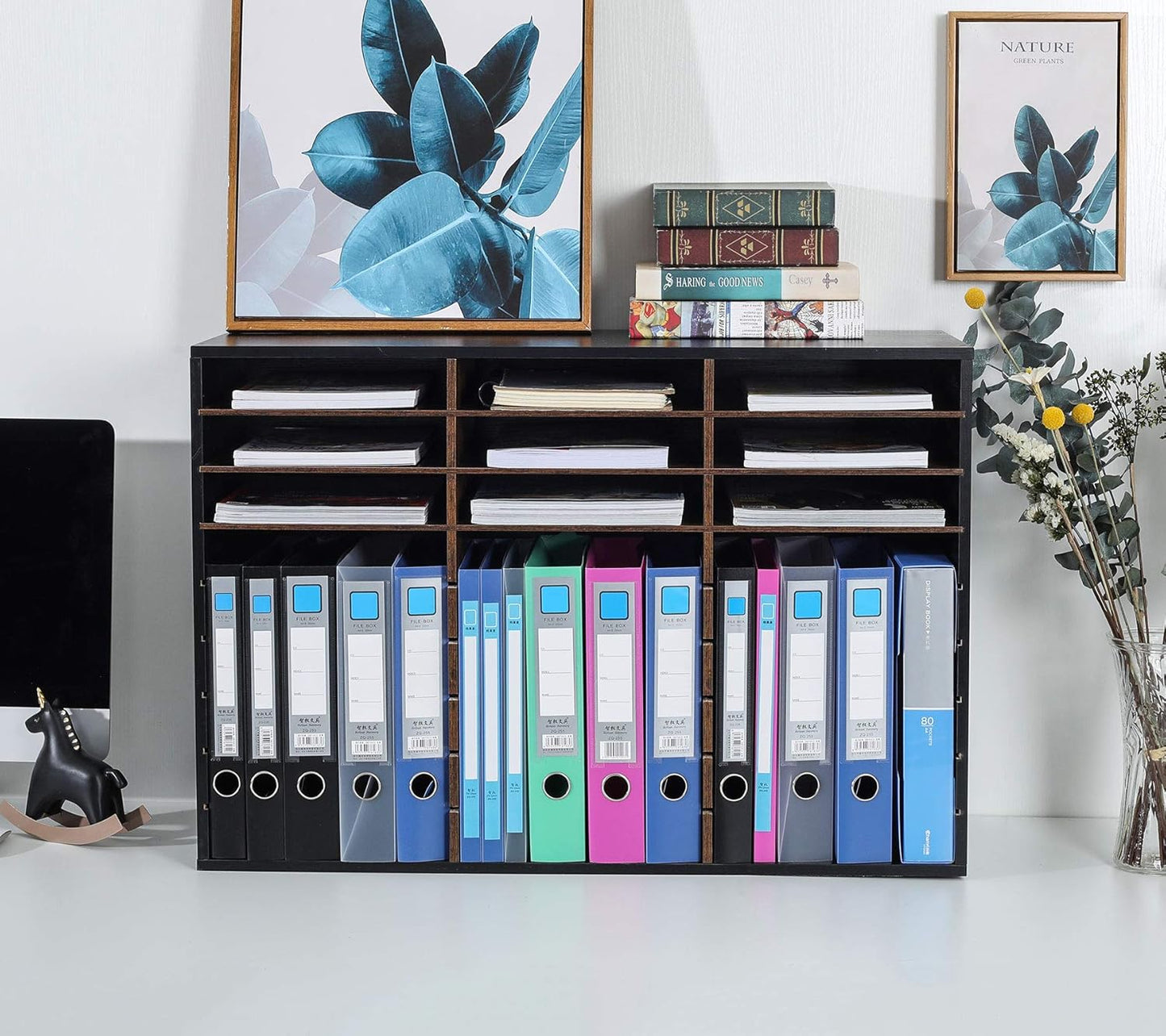 TQVAI Wood Adjustable Literature Organizer Desktop File Sorter Mail Center Paper Storage Cabinet Home & Office Mailbox School Classroom Keepers, 27 Slots Compartments, Black/Archaize