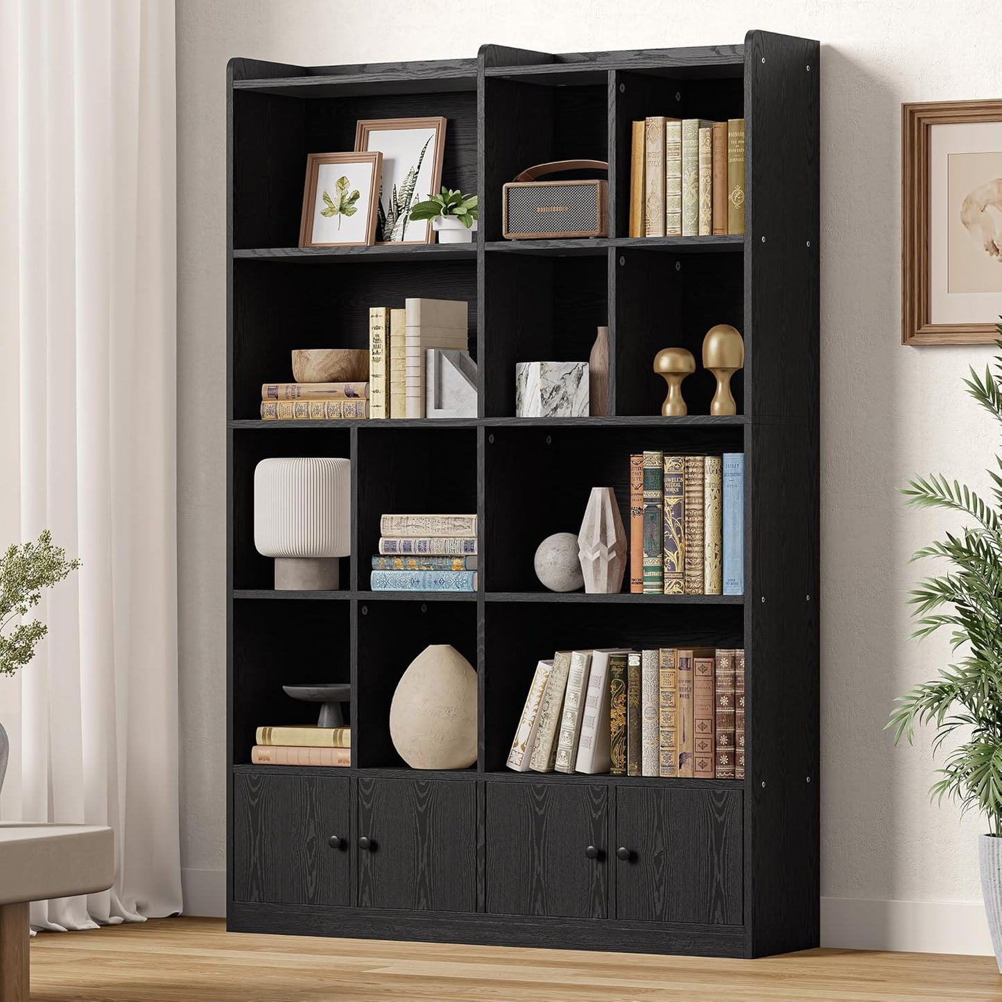 IRONCK Bookshelves and Bookcase, 6 Tiers Large Bookshelf with 4 Doors, Floor Standing Tall Display Storage Shelves for Home Office, Living Room, Bedroom, Black