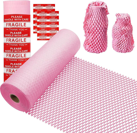 Honeycomb Packing Paper, 12" x 200' Packing Paper Substitute Alternative for Bubble Cushioning Wrap for Moving Shipping Packaging, Recyclable Moving Supplies Bubble Packing Wrap Roll-Pink
