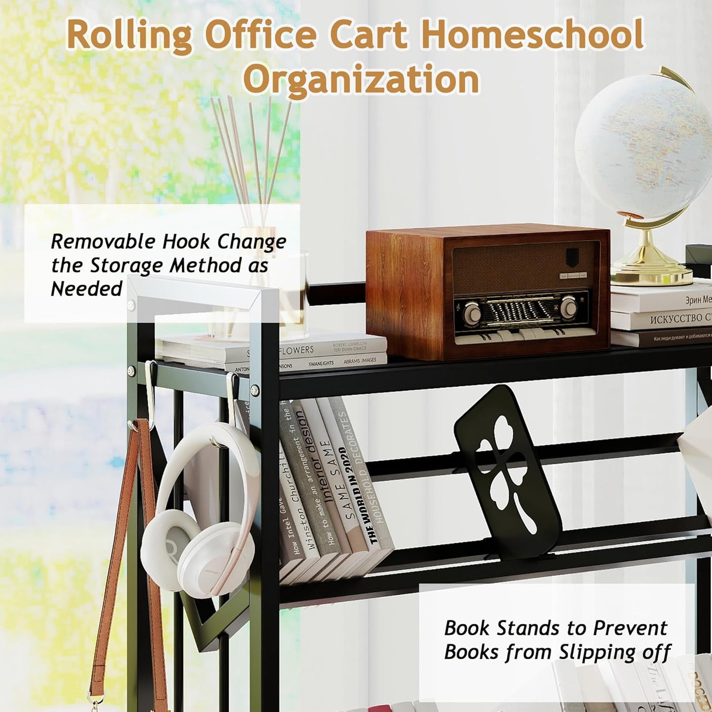 Book Carts with Wheels Library Rolling Book Cart 5 Tier Movable Bookshelf Mobile Large Capacity Organizer Rack for Teacher Classroom Office Room School (57.5'' H)