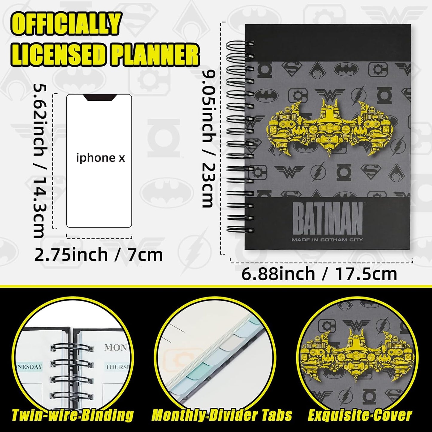 Hero Theme Academic Planner Notebook, Weekly Monthly Daily Agenda, Custom Date Organizer for Time Management, Spiral Bound Planner with Colorful Tabs,Datebooks for Student, Workers (Black and Grey)