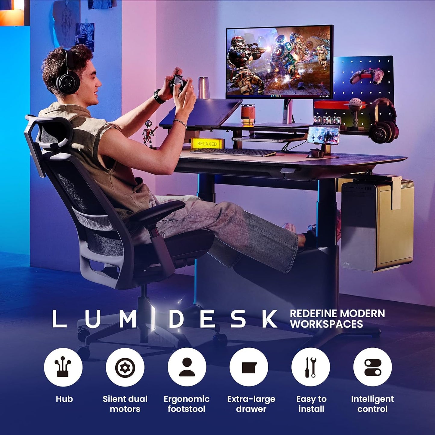 COLAMY Electric Standing Desk, Whole-Piece Gaming Desk with Dual Motors, Ergonomic Footrest, Drawers for Storage, Adjustable Height Sit-Stand Desk for Home Office (MFC Desktop, Walnut + Black)