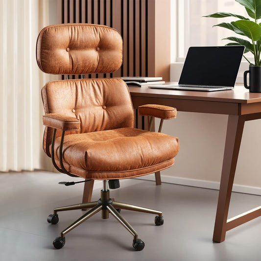 ovios Ergonomic Home Office Chair, Mid-Century Modern Faux Leather Chairs with Thickened Cushions, Comfy High Back Swivel Rolling Executive Computer Armchair (Brown, Suede Leather)