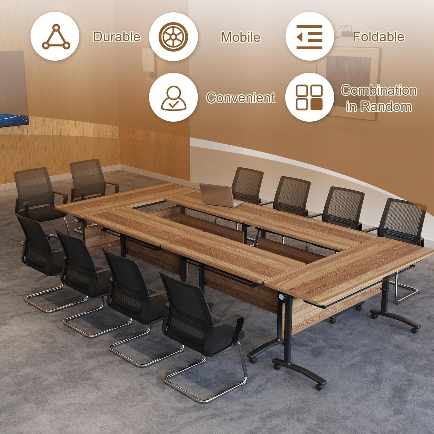 Folding Conference Room Table, Modern Conference Tables with Silent Wheels, Large Rectangular Mobile Training Tables for Office Classroom, Foldable Modular Boardroom Seminar Table (8pack L55.1in)
