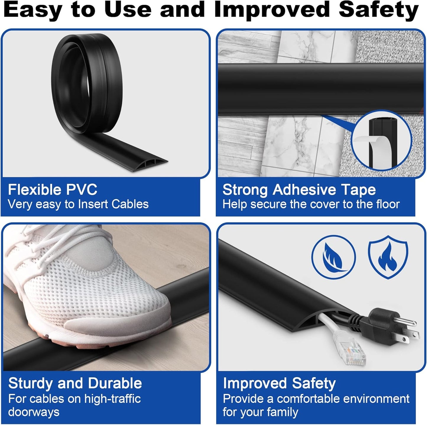 4ft Cord Covers for Wires on Floor, LZEOY Extension Floor Cable Cover, Beige Floor Cable Management, Hide Cord Cover Floor, Electrical Cable Hider Cord Protector Floor, Cable Cavity: 0.78" W x 0.32" H