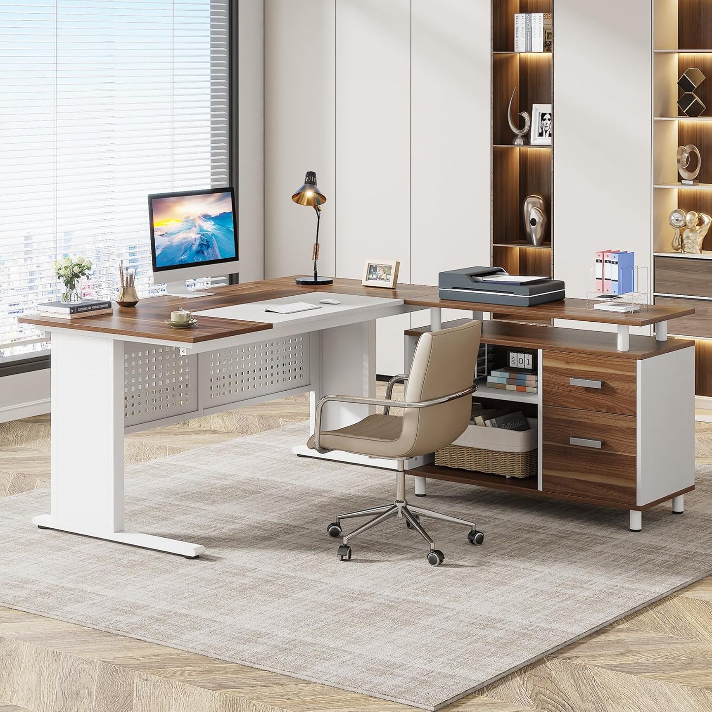 Tribesigns 63 Inch Executive Desk with File Cabinet, L Shaped Office Desk with Drawers and Storage Shelves, Business Furniture Set Workstation for Home Office, White and Walnut