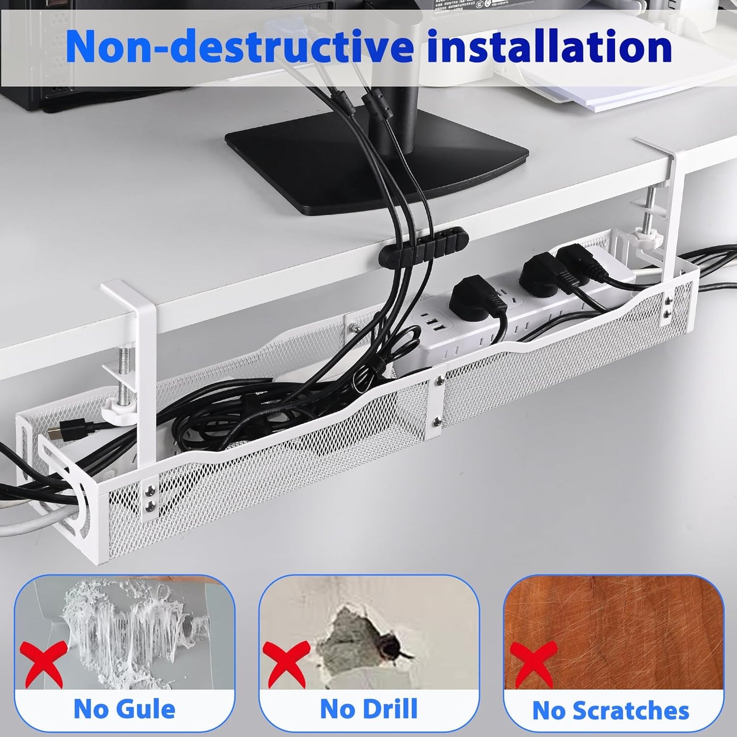 Under Desk Cable Management Tray 25.3 Inch – No Damage Install, Cord Organizer for Office & Home, Wire Organizer for Desk Storage, White