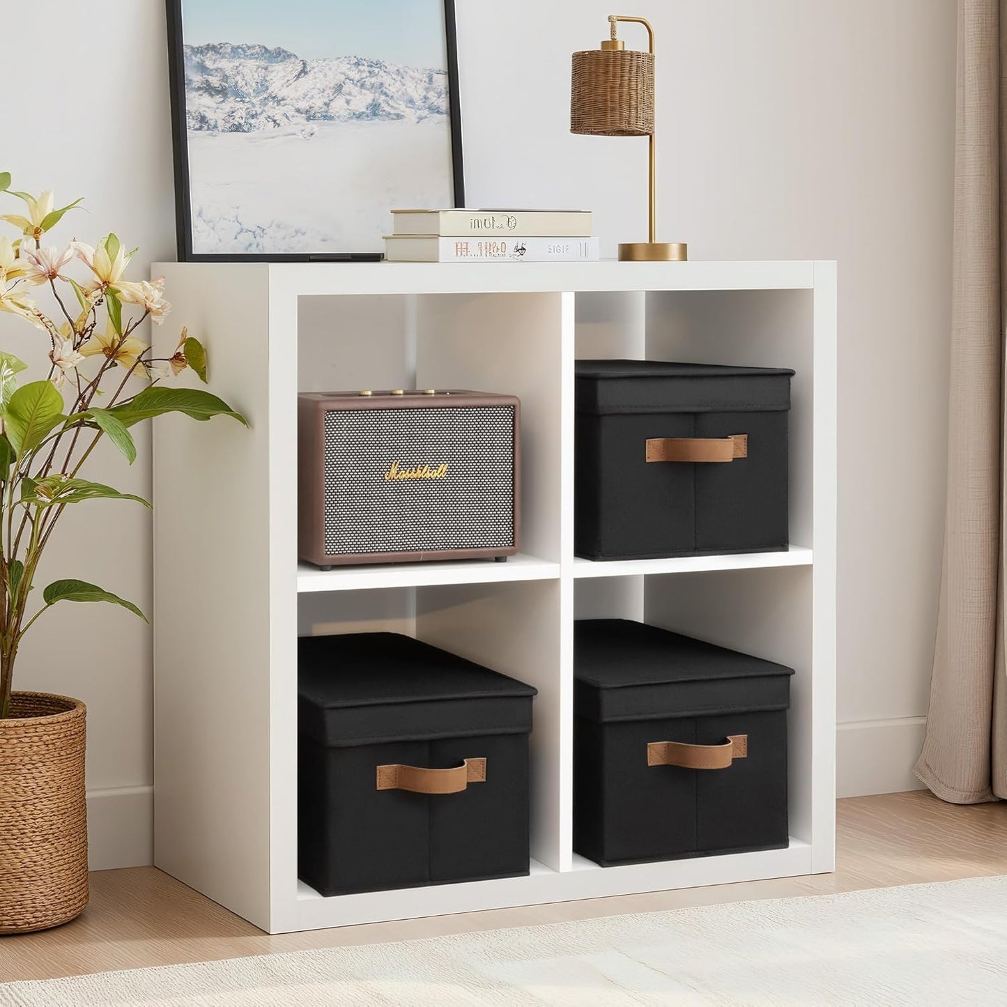 StorageWorks Large Storage Bins with Lids, Decorative Storage Boxes with Lid and PU Handles, Foldable Storage Baskets for Closet, Shelves, Stackable, Black, 3-Pack