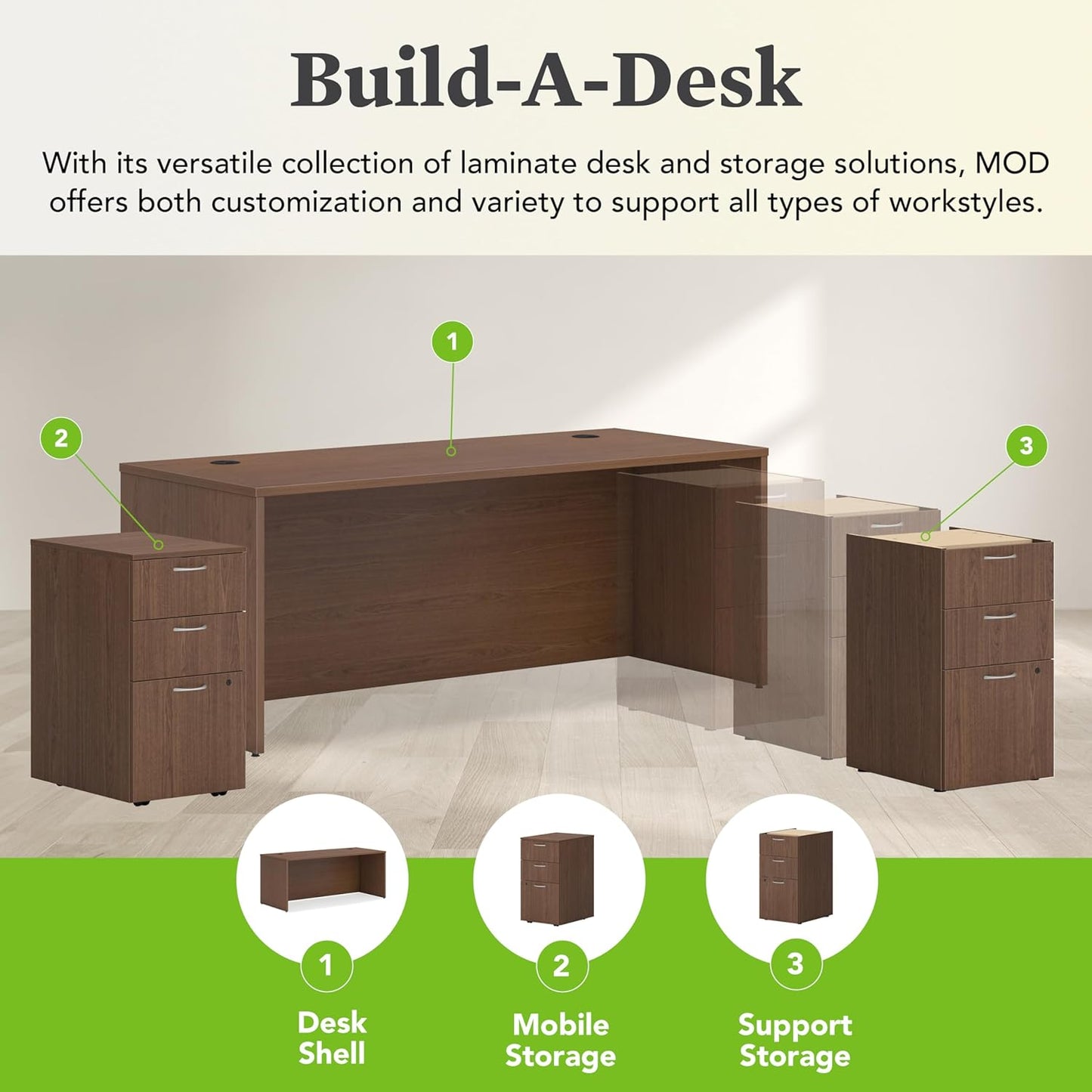 HON MOD Executive Desk 72-Inch Large Computer Desk Shell, Thick Wooden Laminate, Modern Table with Cord Management, 72" W x 30" D x 29" H, Walnut