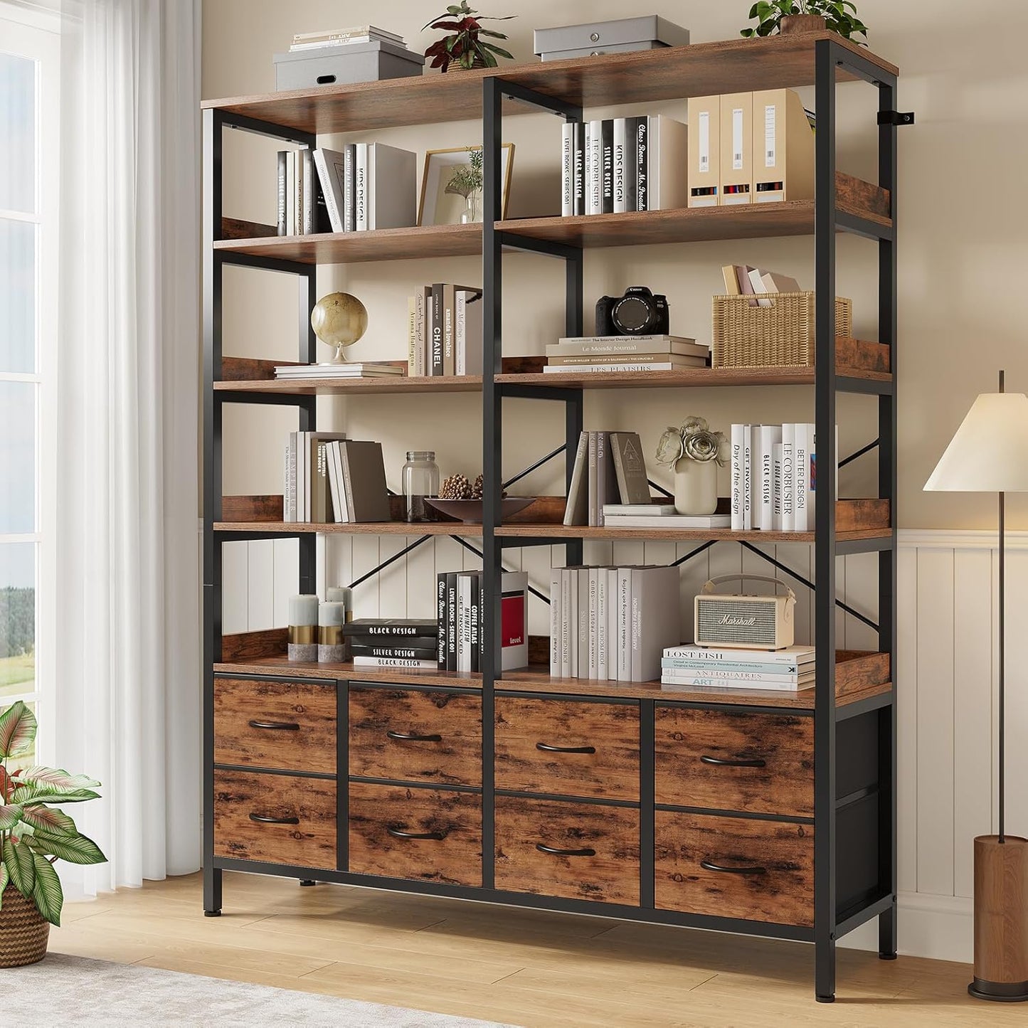 Bookshelf with 8 Fabric Drawers, 7-Tier Bookcase with Baffles Display Shelves, Industrial Large Book Shelf for Living Room Home Office, Rustic Brown