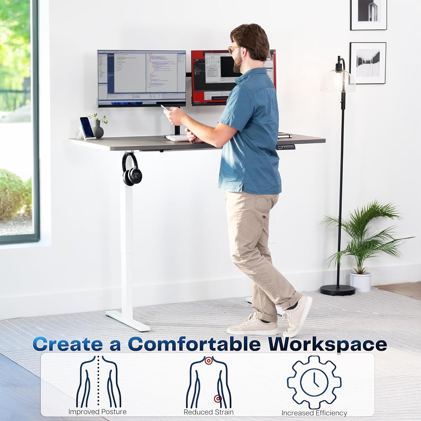 VIVO Electric 43 x 24 in Standing Desk, Memory Height Adjustment, 1B Series, One-Piece Dark Gray Top, White Frame, DESK-KIT-1W4G