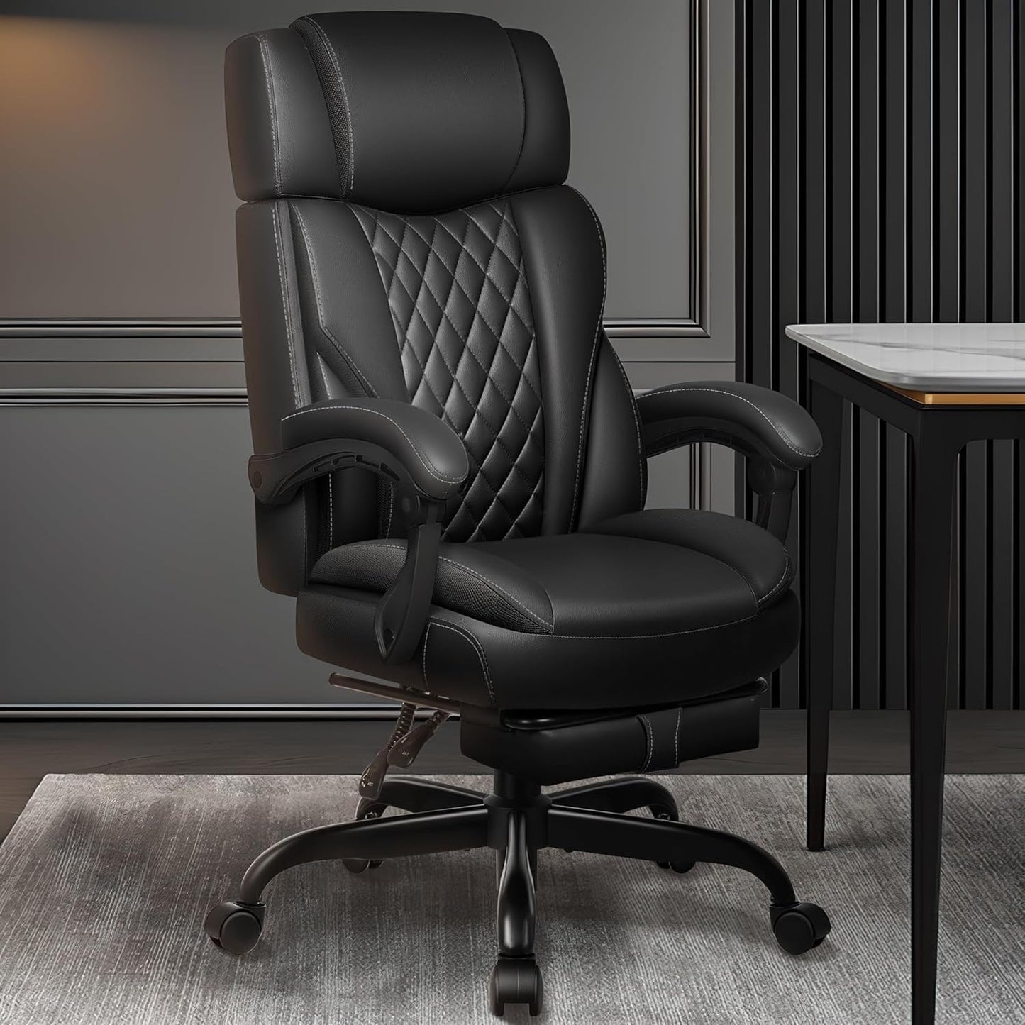 Executive Leather Office Chair, Big and Tall Office Chair with Footrest Home Office Desk Chairs, Ergonomic Computer Desk Chair with Lumbar Support, Reclining Desk Chair with Adjustable Angle