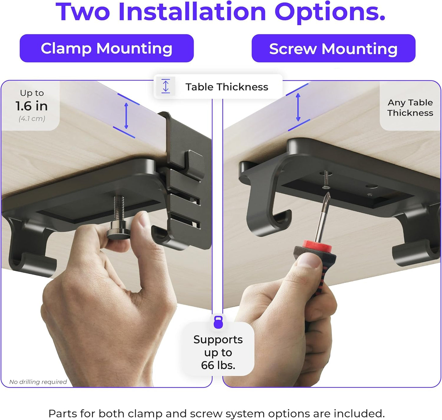 Original No Drill Under Desk Cable Management Tray 14.1" - Premium Black Fabric Cable Management Under Desk - Clamp/Screw Mount Cord Organizer - Supports Upto 66lbs