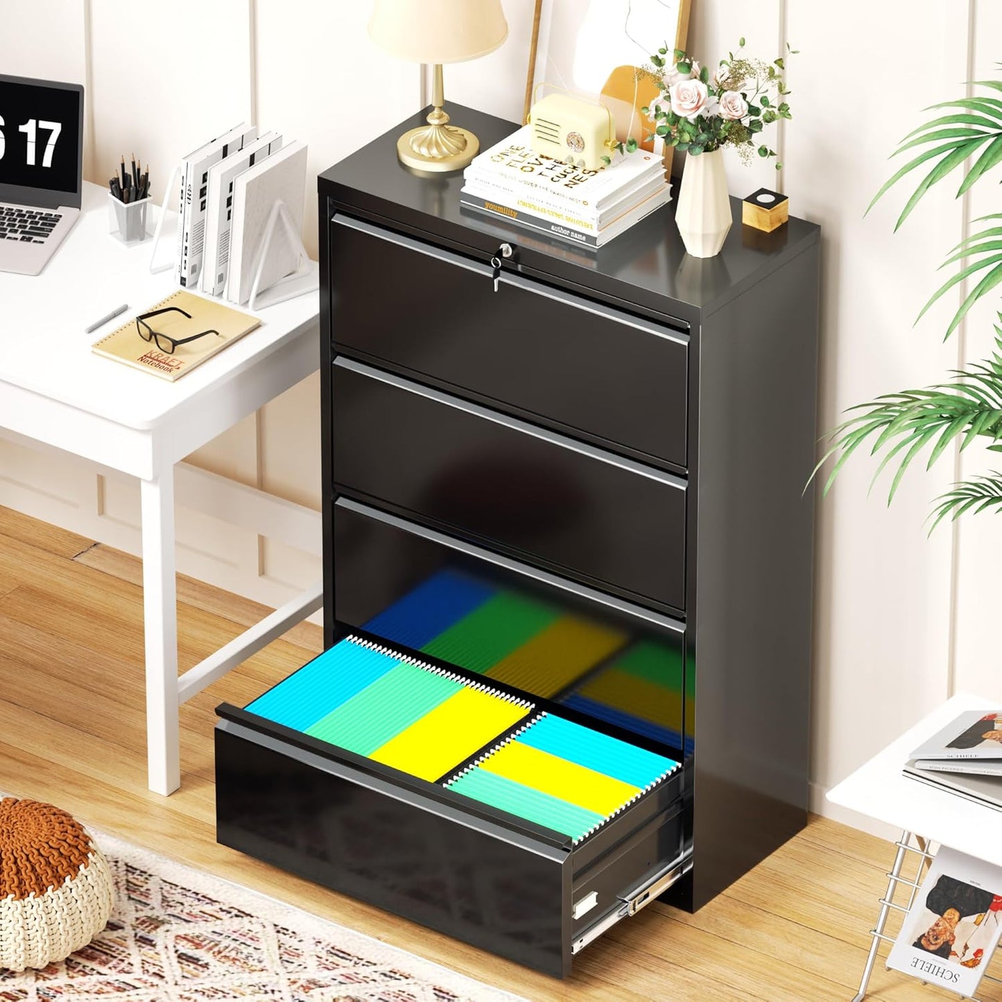 Incbruce 28" W 4 Drawer Lateral File Cabinet, Metal 4 Drawer Lateral Filing Cabinet with Lock, Steel Wide Filing Organization Storage Cabinet for Home, Office, Fit A4/F4/Letter/Legal File (Black)