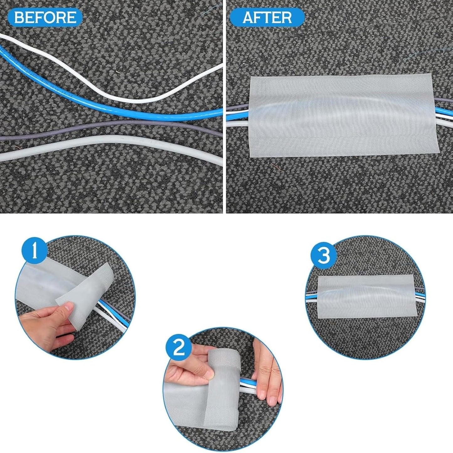 WILLBOND Grip Floor Cable Cover Cords Protector Management Only for Commercial Office Carpet (98.43 ft,Grey)