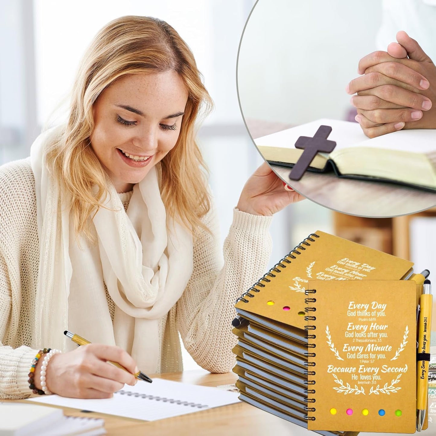 100 Pcs Bulk Fathers Day Christian Gifts Prayer Journal for Woman - 50 Set Religious Notepad with Christian Pen - Bible Notebook - Church Gifts for Inspirational, Bible Study, Devotions ( Brown )