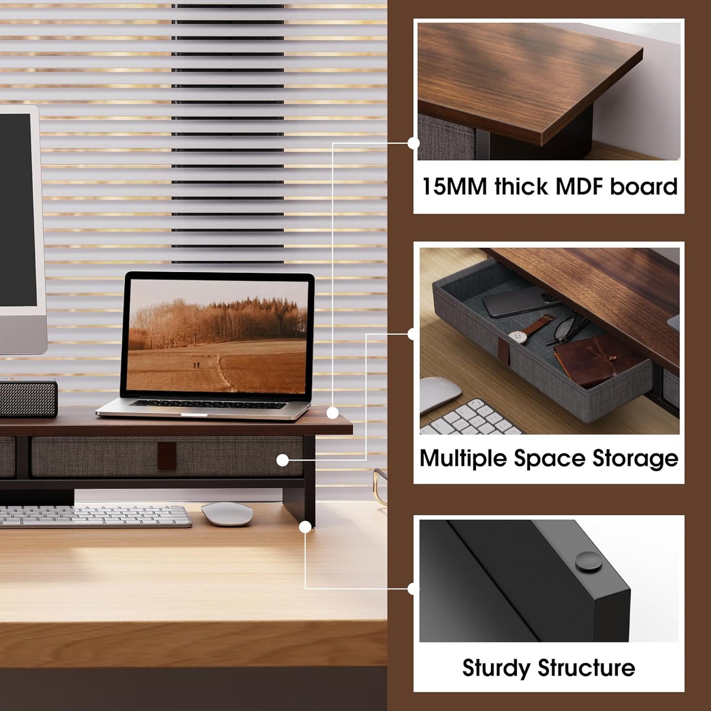 Fenge Monitor Stand with Drawer, 2 Tiers Dual Monitor Riser for Desk, 35 Inch Computer Stand for 2 Monitors, Desk Shelf for Home, Office, Laptop, PC, TV, Printer