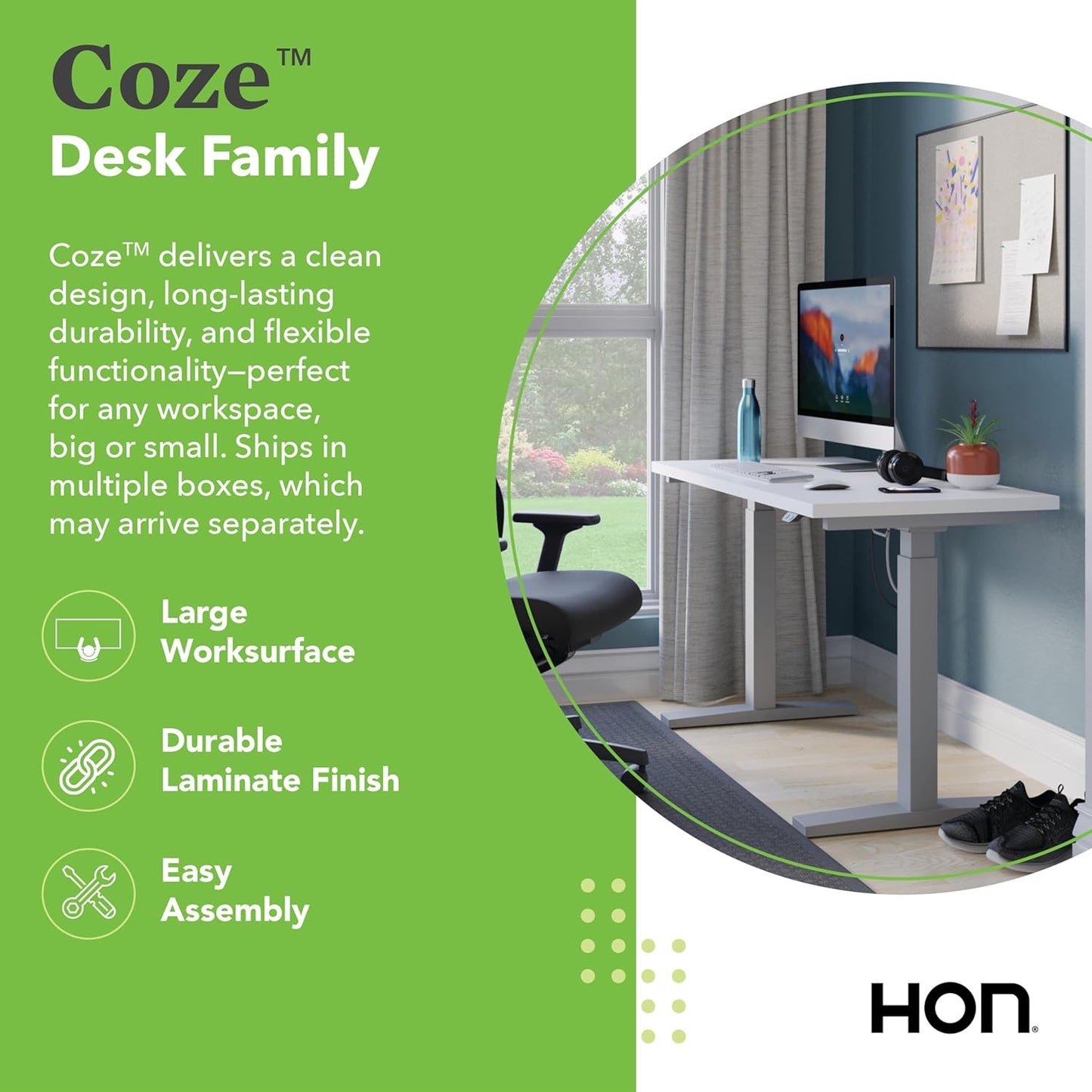 HON Coze Electric Standing Desk Adjustable Height, Coordinate Height Adjustable Desk, 54", Natural Recon Top, White Base