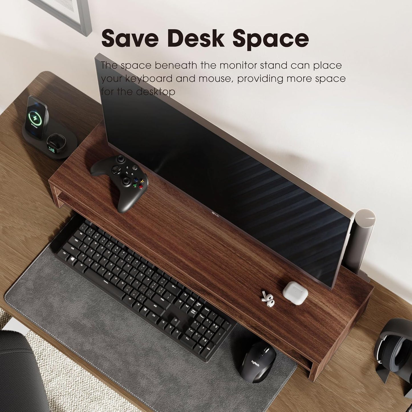 Fenge Monitor Stand, 31.5 Inch Computer Monitor Riser for Desk, 2 Tiers Wood Desk Shelf with Storage, Desktop Organizer for PC, Laptop, Screen, Printer