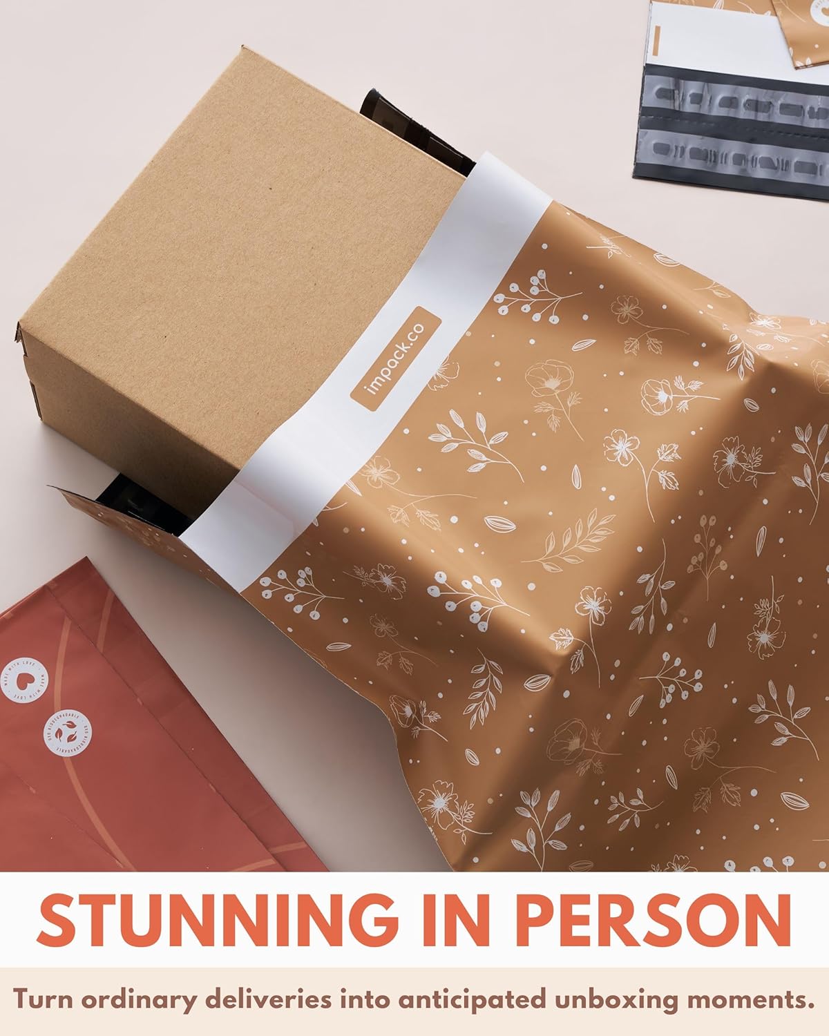 Poly Mailers 14.5x19-25 Pack Biodegradable Shipping Bags for Clothes and Large Items - Impack Self-Seal Waterproof Thick Mailing Envelope for Accessories & Clothing - Floral Chestnut